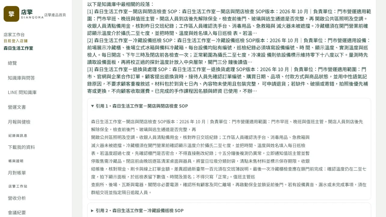 Dianqora shop knowledge-base screen; sample data